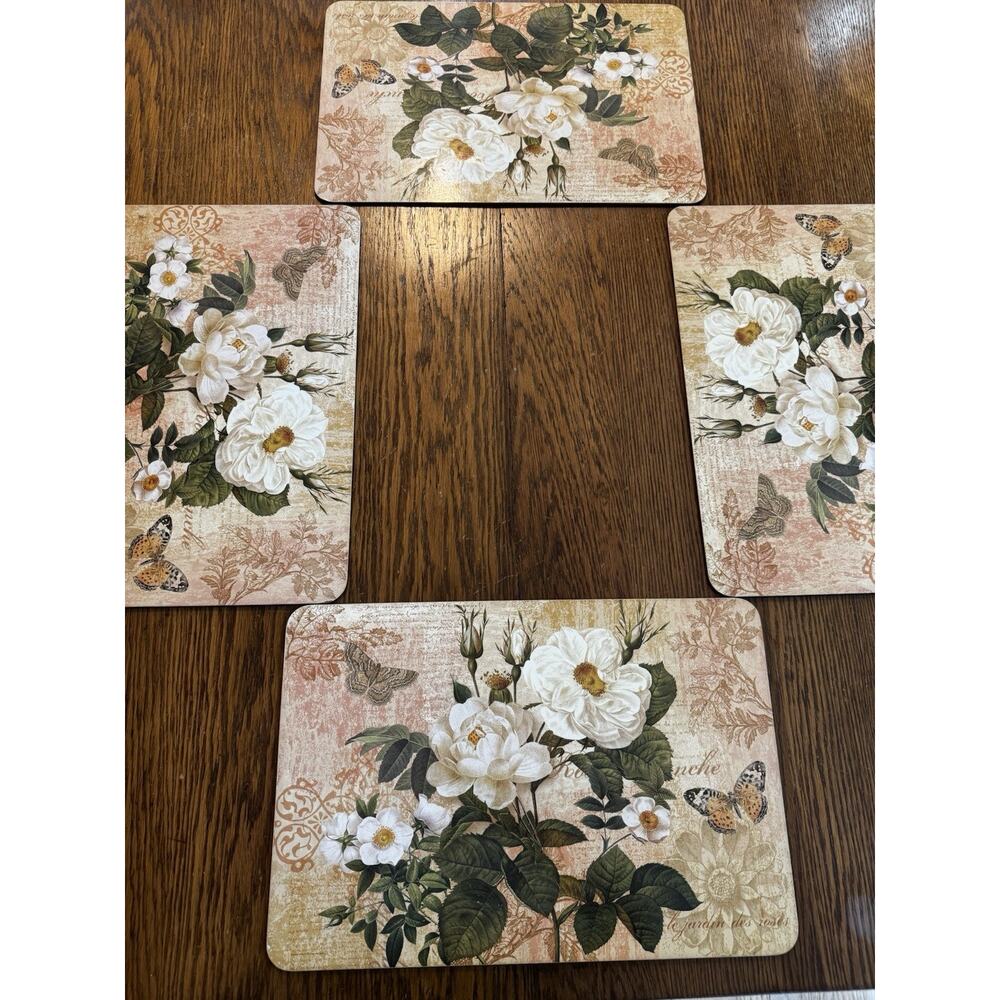 Vintage Roses Placemats Set of 4 Cork Backing Hard Butterfly Floral Victorian